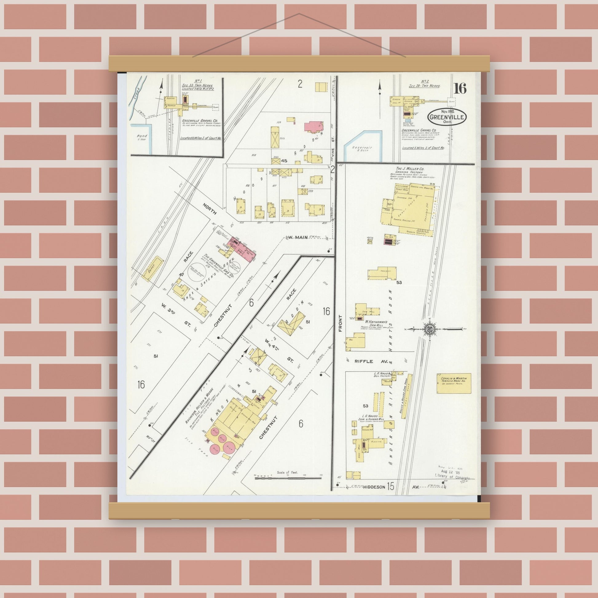 Old map wall art mockup — magnetic wood frame on brick wall — Sanborn Fire Insurance Map from Greenville, Darke County, Ohio (1910), Sheet #0016