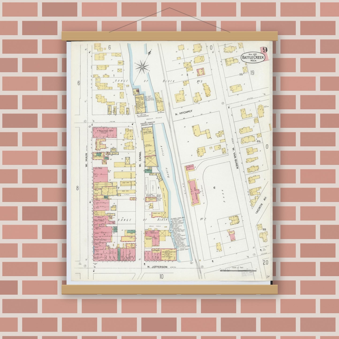 Old map wall art mockup — magnetic wood frame on brick wall — Sanborn Fire Insurance Map from Battle Creek, Calhoun County, Michigan (1899), Sheet #0009