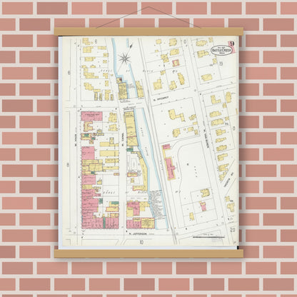 Old map wall art mockup — magnetic wood frame on brick wall — Sanborn Fire Insurance Map from Battle Creek, Calhoun County, Michigan (1899), Sheet #0009