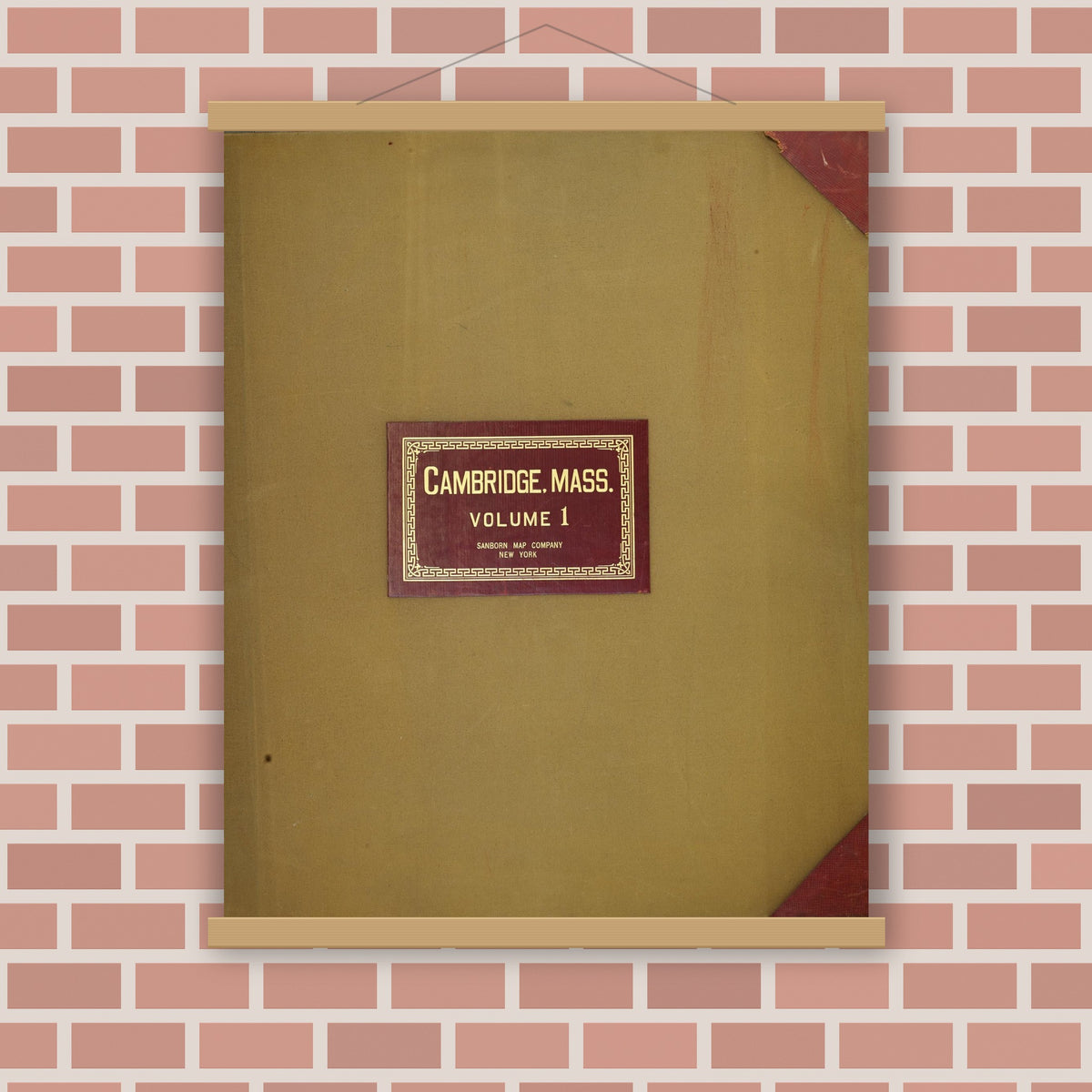 Old map wall art mockup — magnetic wood frame on brick wall — Sanborn Fire Insurance Map from Cambridge, Middlesex County, Massachusetts (1950), Sheet #0001