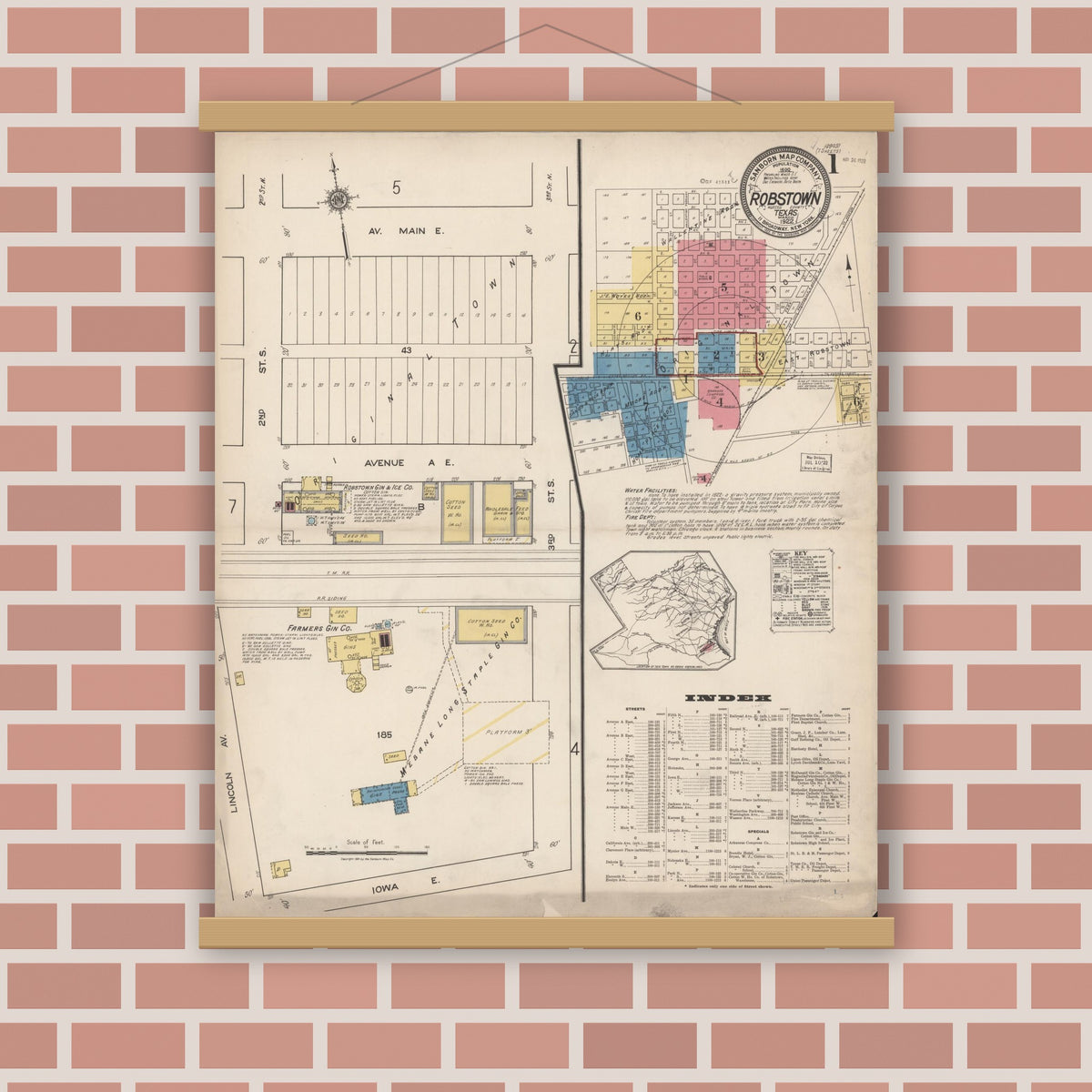 Old map wall art mockup — magnetic wood frame on brick wall — Sanborn Fire Insurance Map from Robstown, Nueces County, Texas (1922), Sheet #0001