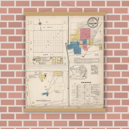 Old map wall art mockup — magnetic wood frame on brick wall — Sanborn Fire Insurance Map from Robstown, Nueces County, Texas (1922), Sheet #0001