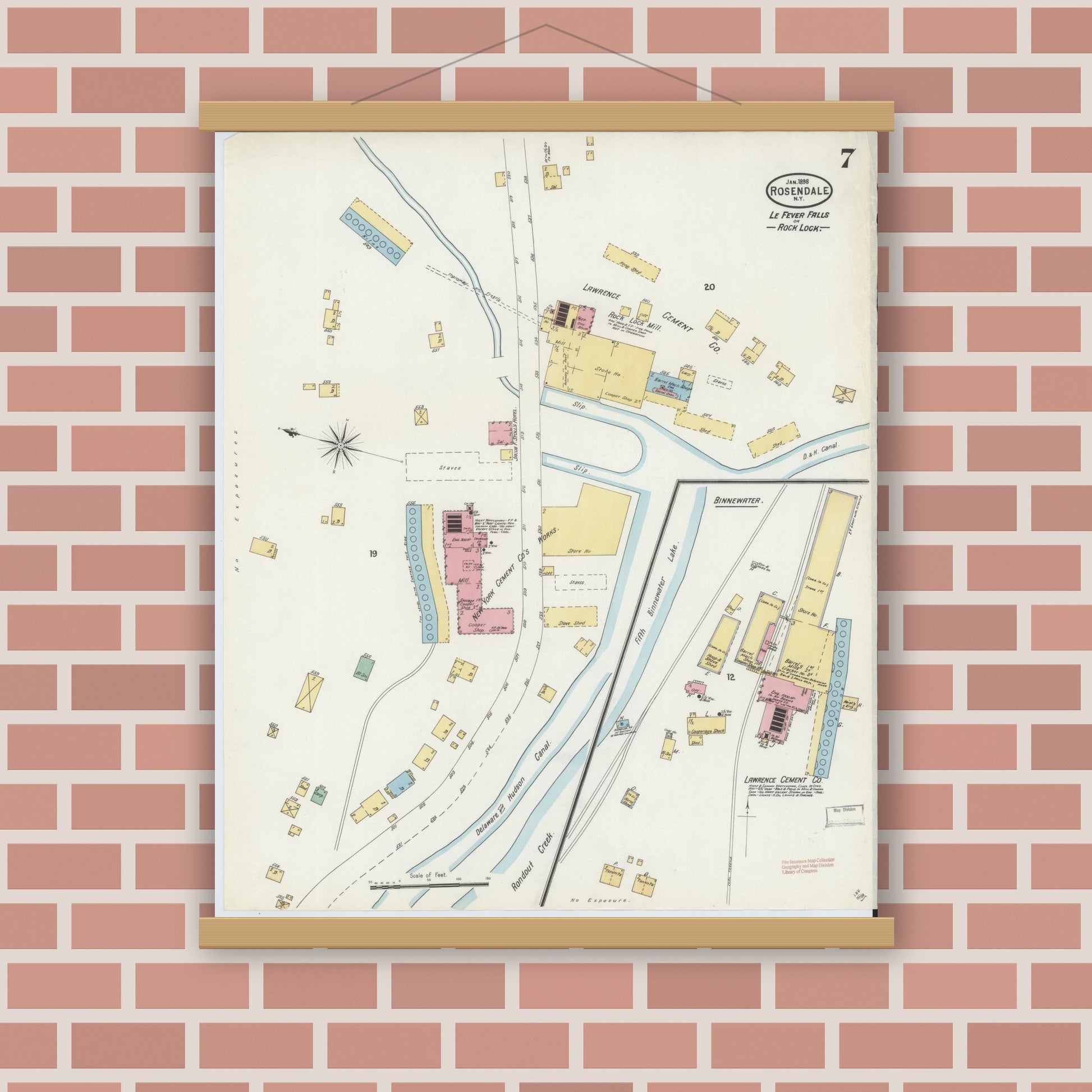 Old map wall art mockup — magnetic wood frame on brick wall — Sanborn Fire Insurance Map from Rosendale, Ulster County, New York (1898), Sheet #0007