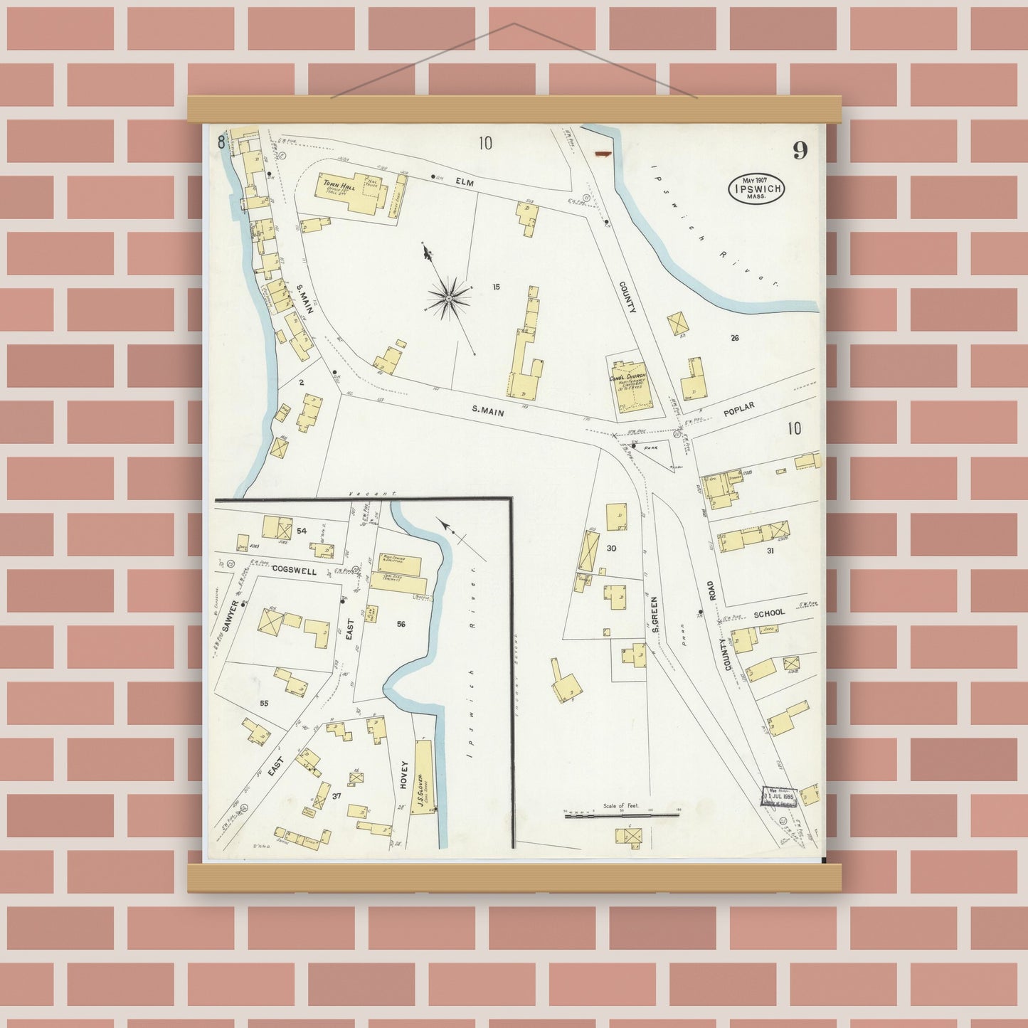Old map wall art mockup — magnetic wood frame on brick wall — Sanborn Fire Insurance Map from Ipswich, Essex County, Massachusetts (1907), Sheet #0009