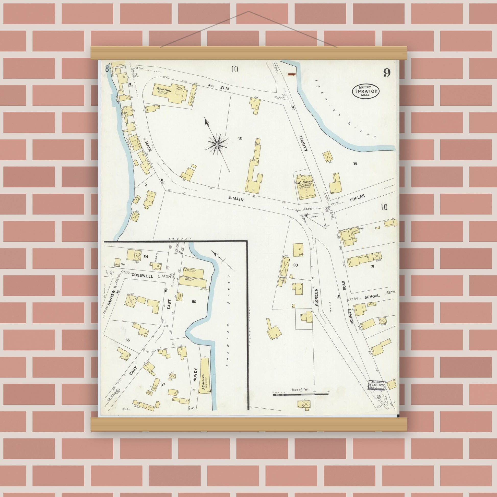 Old map wall art mockup — magnetic wood frame on brick wall — Sanborn Fire Insurance Map from Ipswich, Essex County, Massachusetts (1907), Sheet #0009
