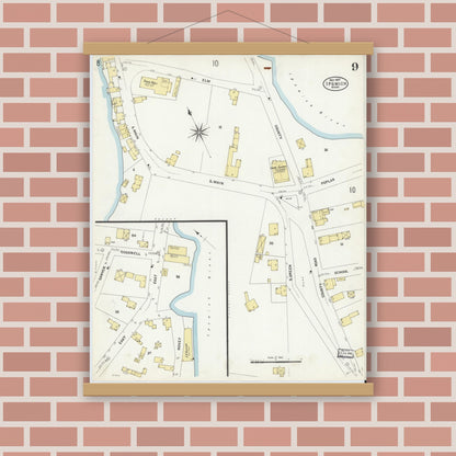 Old map wall art mockup — magnetic wood frame on brick wall — Sanborn Fire Insurance Map from Ipswich, Essex County, Massachusetts (1907), Sheet #0009