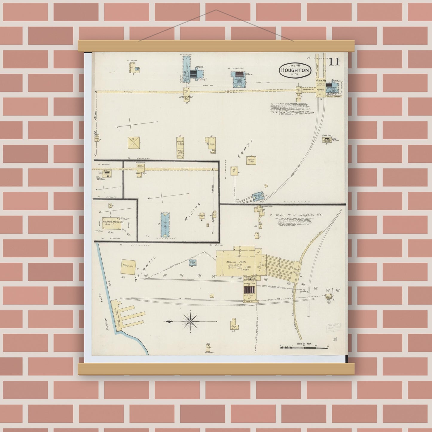 Old map wall art mockup — magnetic wood frame on brick wall — Sanborn Fire Insurance Map from Houghton, Houghton County, Michigan (1888), Sheet #0011