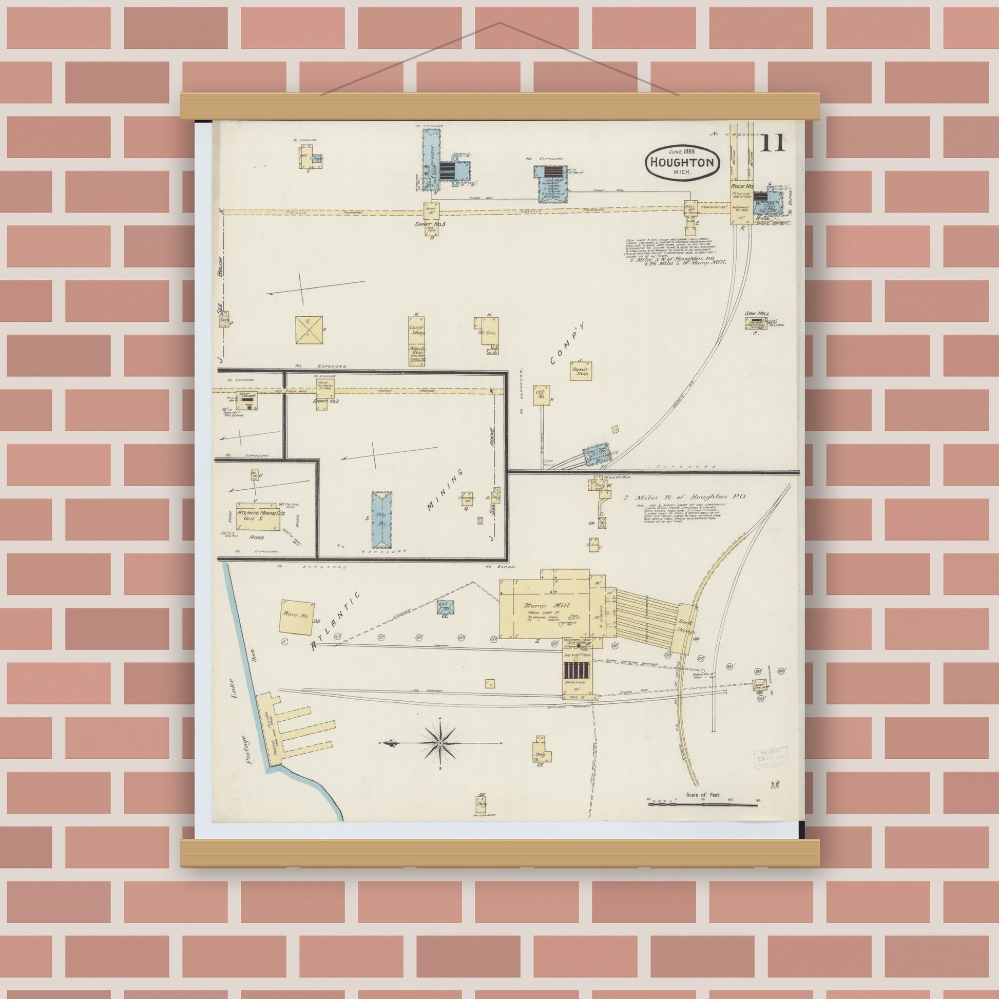 Old map wall art mockup — magnetic wood frame on brick wall — Sanborn Fire Insurance Map from Houghton, Houghton County, Michigan (1888), Sheet #0011