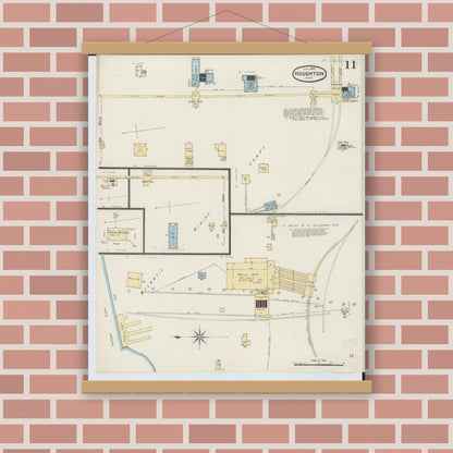 Old map wall art mockup — magnetic wood frame on brick wall — Sanborn Fire Insurance Map from Houghton, Houghton County, Michigan (1888), Sheet #0011