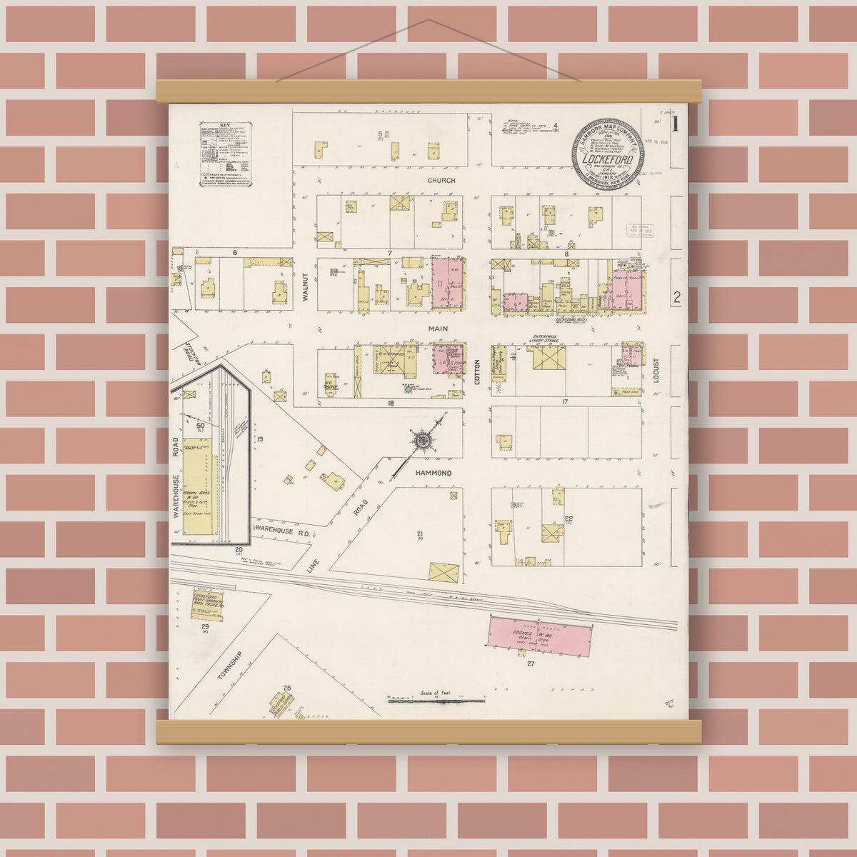 Old map wall art mockup — magnetic wood frame on brick wall — Sanborn Fire Insurance Map from Lockeford, San Joaquin County, California (1912), Sheet #0001