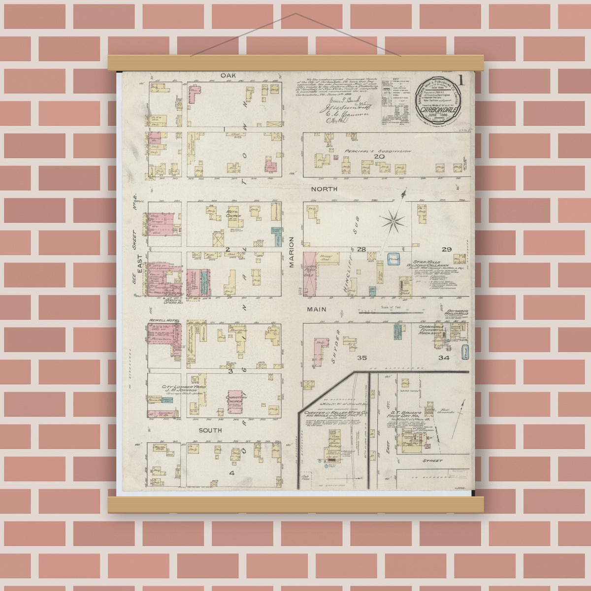 Old map wall art mockup — magnetic wood frame on brick wall — Sanborn Fire Insurance Map from Carbondale, Jackson County, Illinois (1886) - Complete Map Set