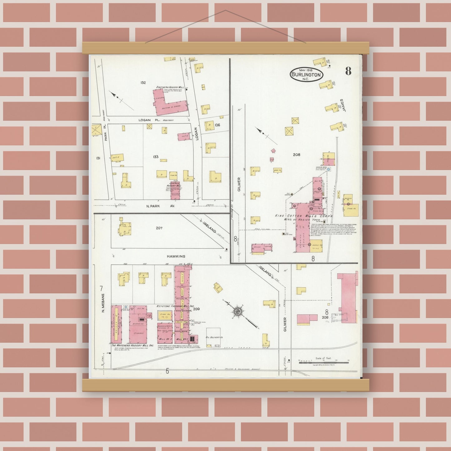 Old map wall art mockup — magnetic wood frame on brick wall — Sanborn Fire Insurance Map from Burlington, Alamance County, North Carolina (1918), Sheet #0008