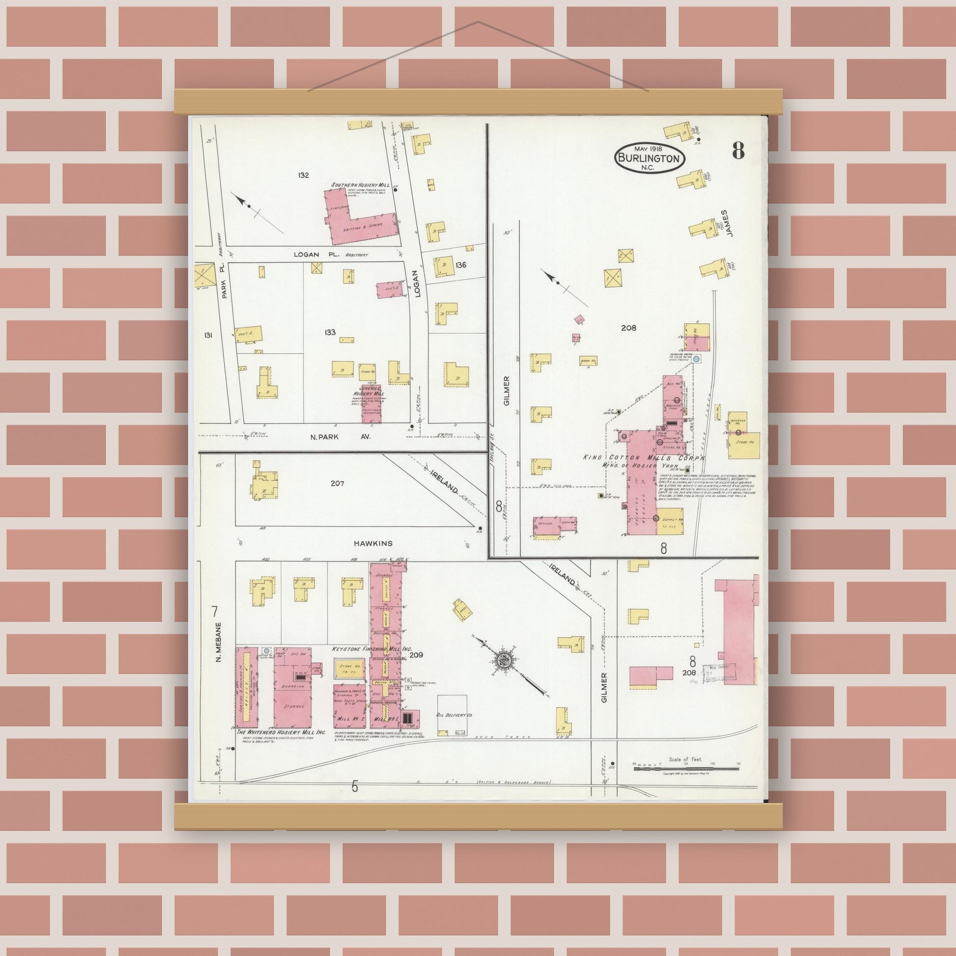 Old map wall art mockup — magnetic wood frame on brick wall — Sanborn Fire Insurance Map from Burlington, Alamance County, North Carolina (1918), Sheet #0008