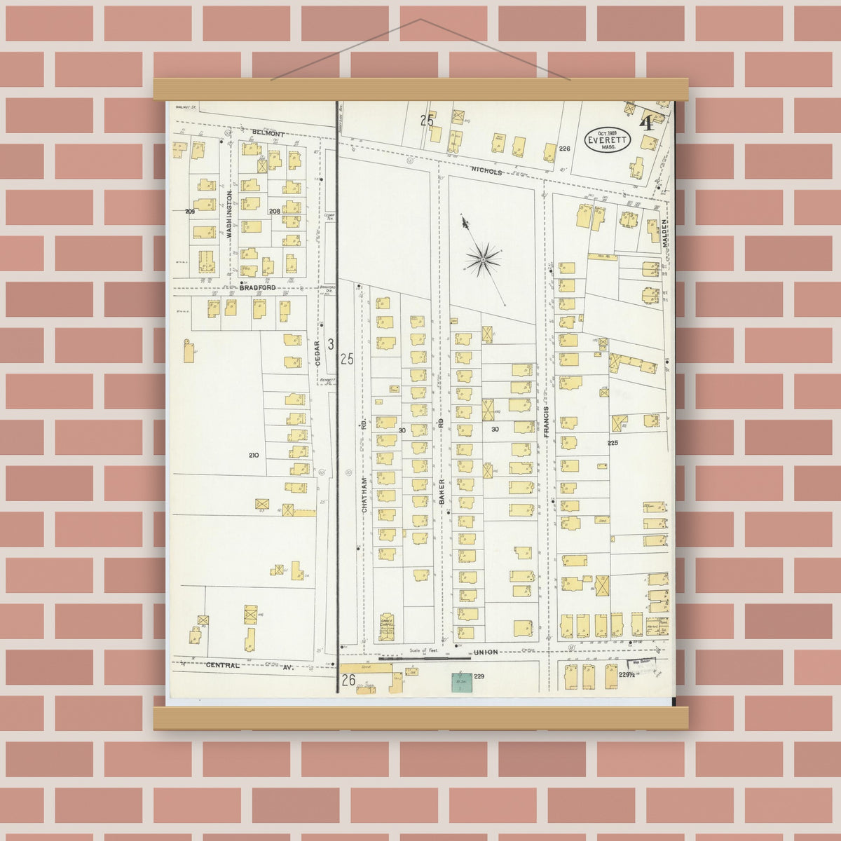Old map wall art mockup — magnetic wood frame on brick wall — Sanborn Fire Insurance Map from Everett, Middlesex County, Massachusetts (1903), Sheet #0004