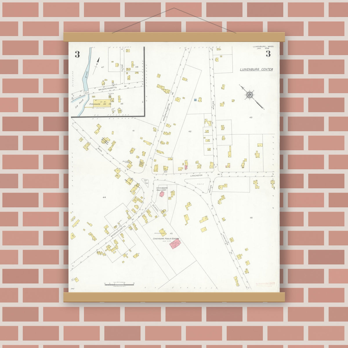 Old map wall art mockup — magnetic wood frame on brick wall — Sanborn Fire Insurance Map from Lunenburg, Worcester County, Massachusetts (1936), Sheet #0003