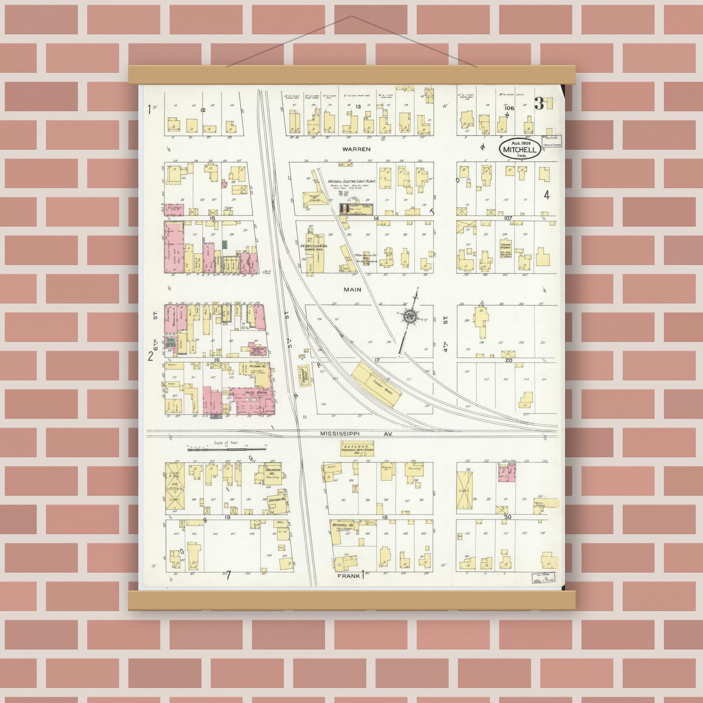 Old map wall art mockup — magnetic wood frame on brick wall — Sanborn Fire Insurance Map from Mitchell, Lawrence County, Indiana (1909), Sheet #0003