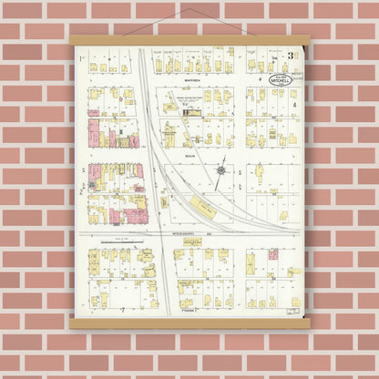 Old map wall art mockup — magnetic wood frame on brick wall — Sanborn Fire Insurance Map from Mitchell, Lawrence County, Indiana (1909), Sheet #0003