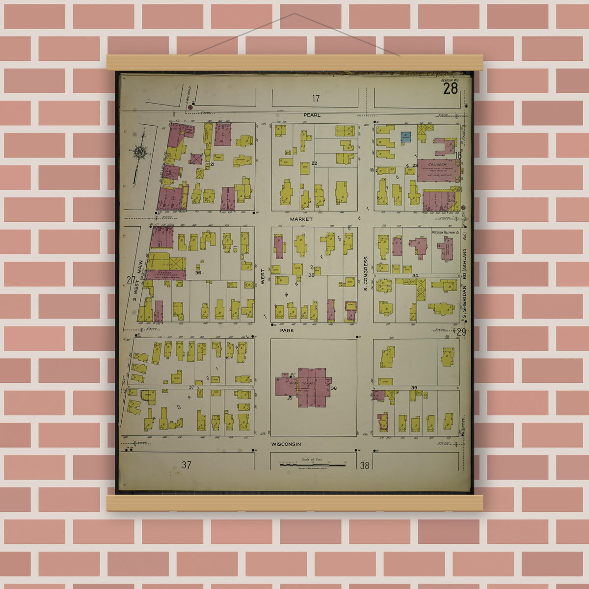 Old map wall art mockup — magnetic wood frame on brick wall — Sanborn Fire Insurance Map from Kenosha, Kenosha County, Wisconsin. (1918), Sheet 32