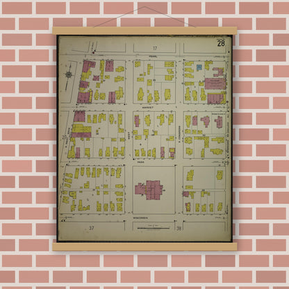 Old map wall art mockup — magnetic wood frame on brick wall — Sanborn Fire Insurance Map from Kenosha, Kenosha County, Wisconsin. (1918), Sheet 32