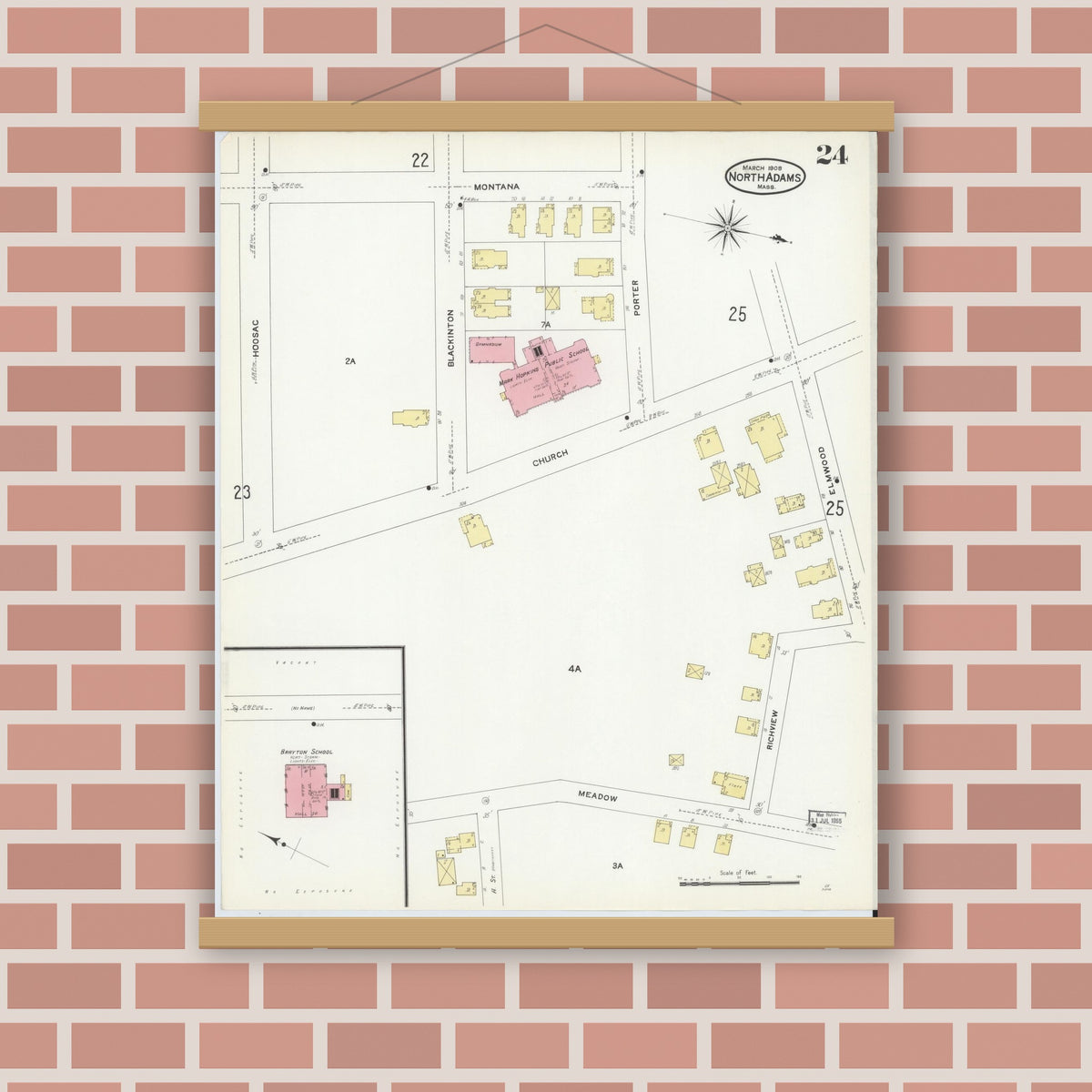 Old map wall art mockup — magnetic wood frame on brick wall — Sanborn Fire Insurance Map from North Adams, Berkshire County, Massachusetts (1908), Sheet #0024