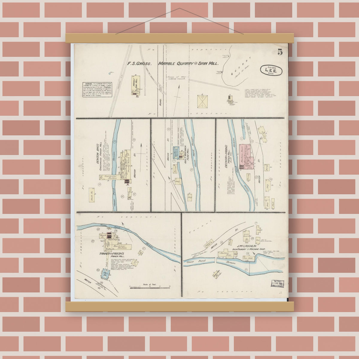 Old map wall art mockup — magnetic wood frame on brick wall — Sanborn Fire Insurance Map from Lee, Berkshire County, Massachusetts (1884), Sheet #0005
