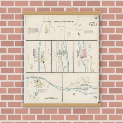 Old map wall art mockup — magnetic wood frame on brick wall — Sanborn Fire Insurance Map from Lee, Berkshire County, Massachusetts (1884), Sheet #0005