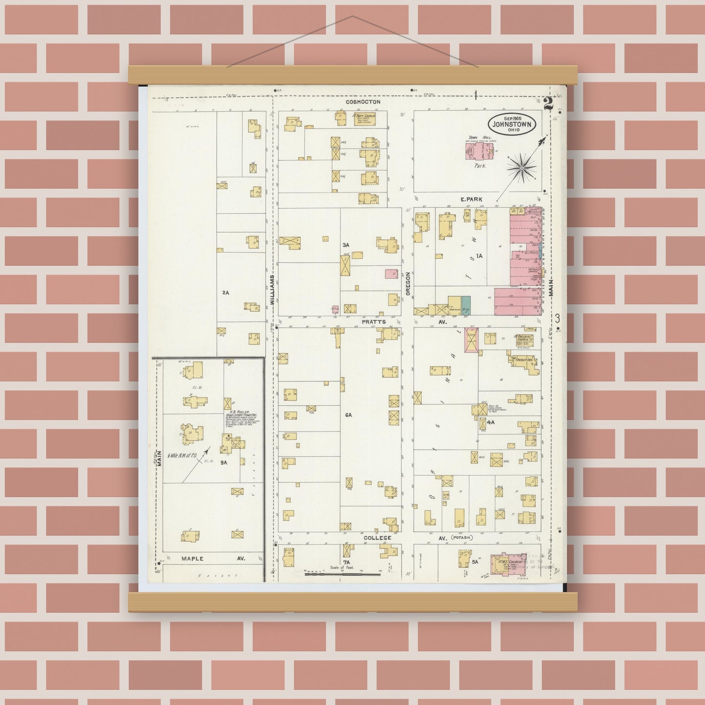 Old map wall art mockup — magnetic wood frame on brick wall — Sanborn Fire Insurance Map from Johnstown, Licking County, Ohio (1905), Sheet #0002