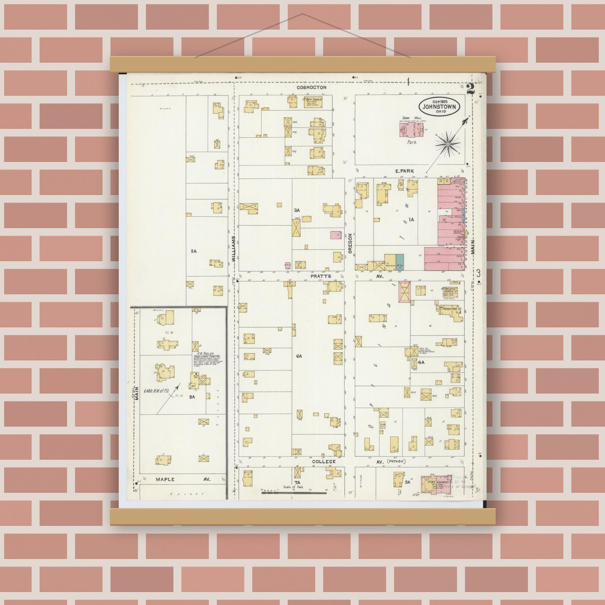Old map wall art mockup — magnetic wood frame on brick wall — Sanborn Fire Insurance Map from Johnstown, Licking County, Ohio (1905), Sheet #0002