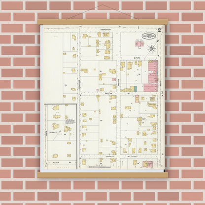 Old map wall art mockup — magnetic wood frame on brick wall — Sanborn Fire Insurance Map from Johnstown, Licking County, Ohio (1905), Sheet #0002