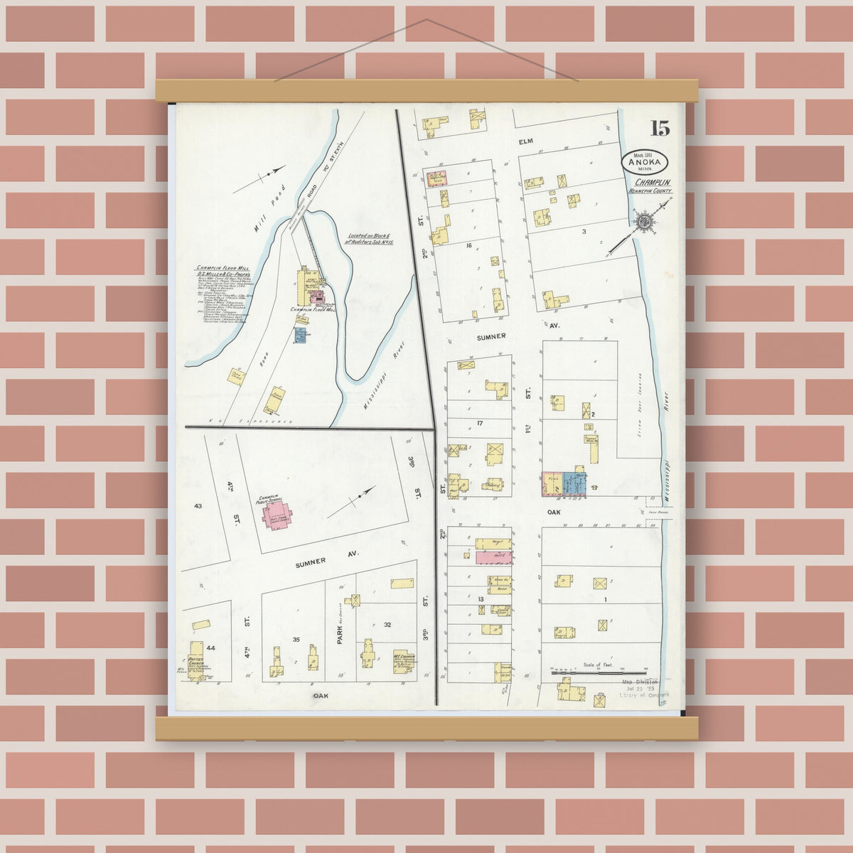 Old map wall art mockup — magnetic wood frame on brick wall — Sanborn Fire Insurance Map from Anoka, Anoka County, Minnesota (1911), Sheet #0015