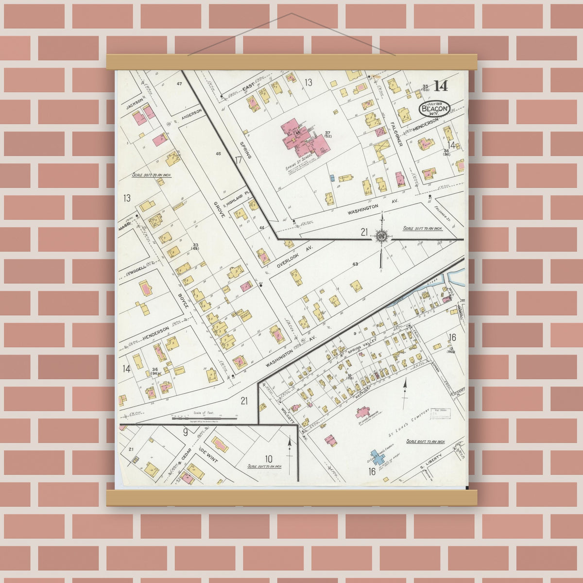 Old map wall art mockup — magnetic wood frame on brick wall — Sanborn Fire Insurance Map from Beacon, Dutchess County, New York (1919), Sheet #0014