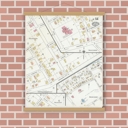 Old map wall art mockup — magnetic wood frame on brick wall — Sanborn Fire Insurance Map from Beacon, Dutchess County, New York (1919), Sheet #0014