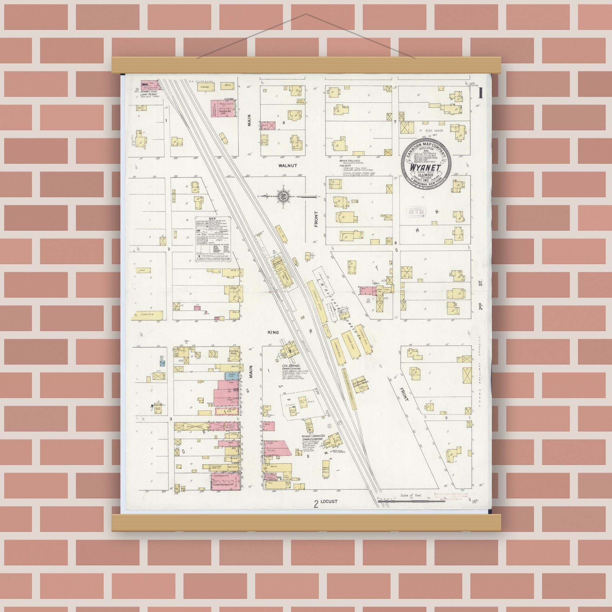 Old map wall art mockup — magnetic wood frame on brick wall — Sanborn Fire Insurance Map from Wyanet, Bureau County, Illinois (1911) - Complete Map Set