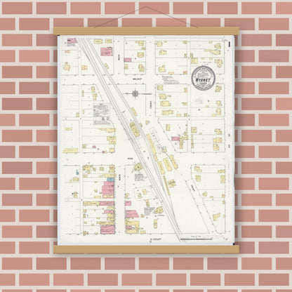 Old map wall art mockup — magnetic wood frame on brick wall — Sanborn Fire Insurance Map from Wyanet, Bureau County, Illinois (1911) - Complete Map Set