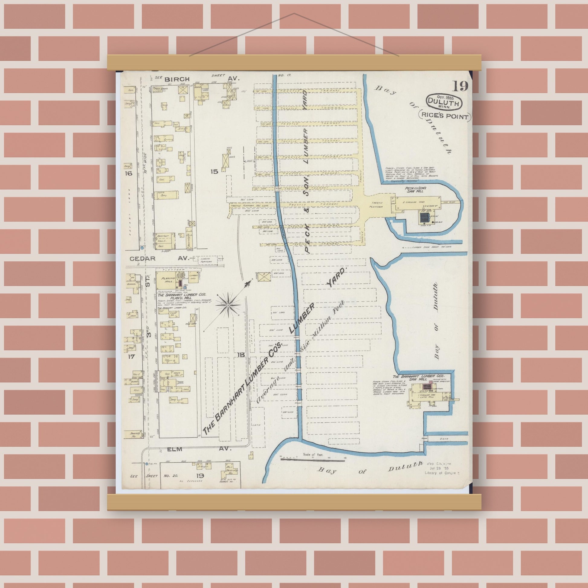 Old map wall art mockup — magnetic wood frame on brick wall — Sanborn Fire Insurance Map from Duluth, Saint Louis County, Minnesota (1885), Sheet #0019