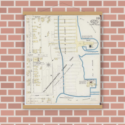 Old map wall art mockup — magnetic wood frame on brick wall — Sanborn Fire Insurance Map from Duluth, Saint Louis County, Minnesota (1885), Sheet #0019