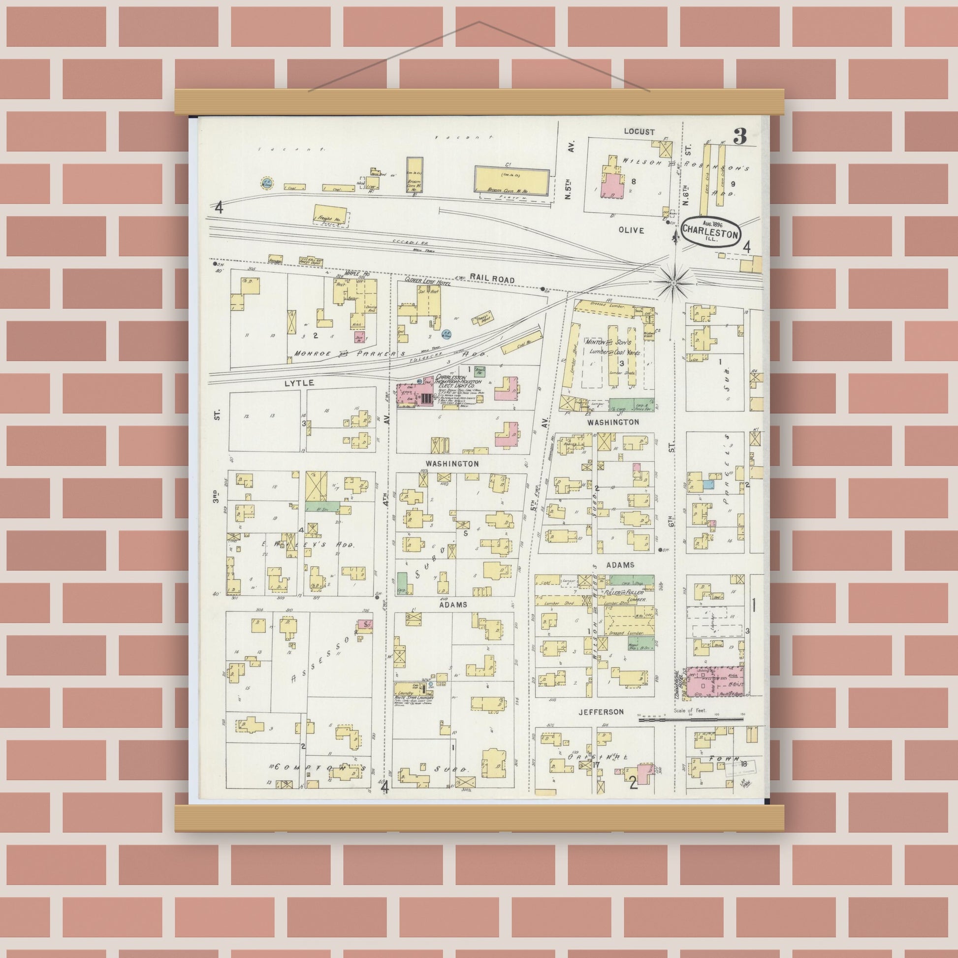 Old map wall art mockup — magnetic wood frame on brick wall — Sanborn Fire Insurance Map from Charleston, Coles County, Illinois (1896), Sheet #0003