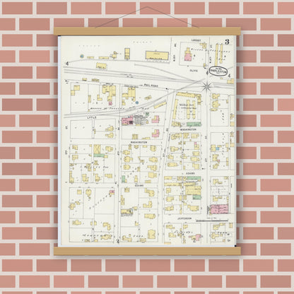 Old map wall art mockup — magnetic wood frame on brick wall — Sanborn Fire Insurance Map from Charleston, Coles County, Illinois (1896), Sheet #0003