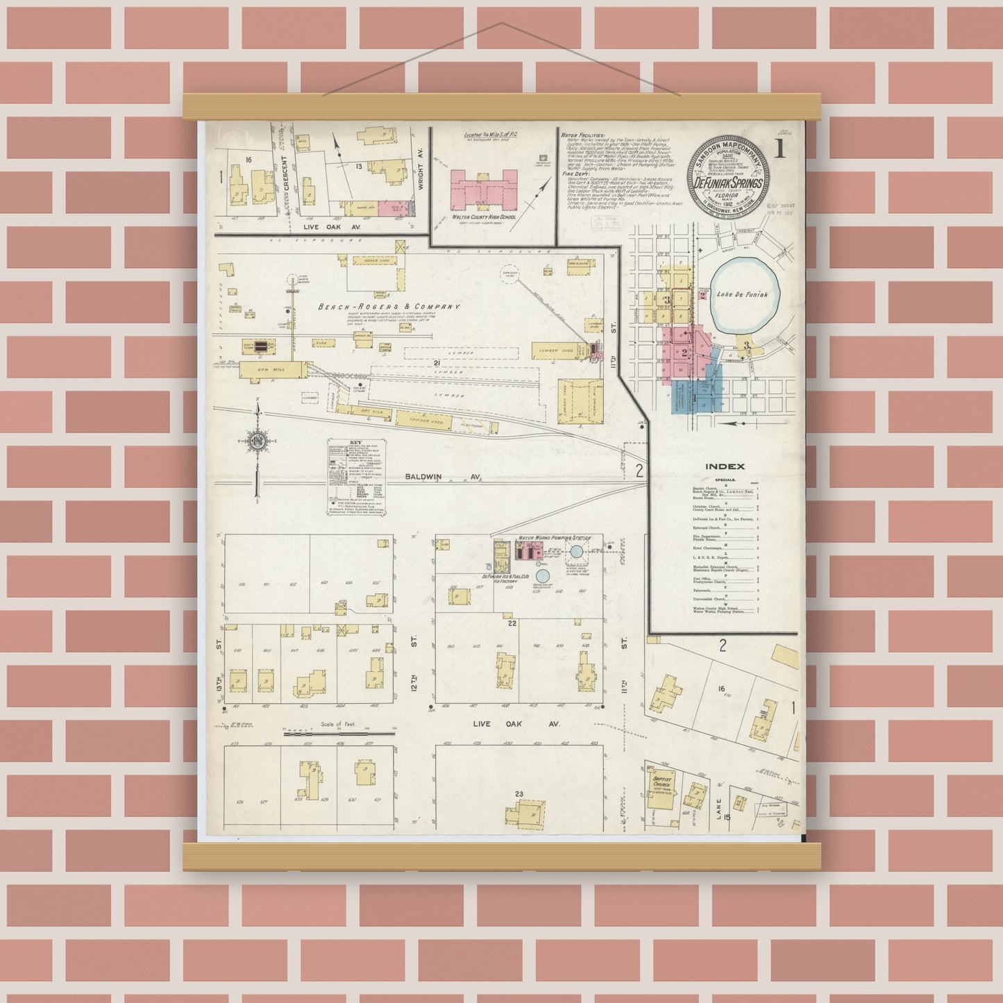 Old map wall art mockup — magnetic wood frame on brick wall — Sanborn Fire Insurance Map from De Funiak Springs, Walton County, Florida (1912), Sheet #0001