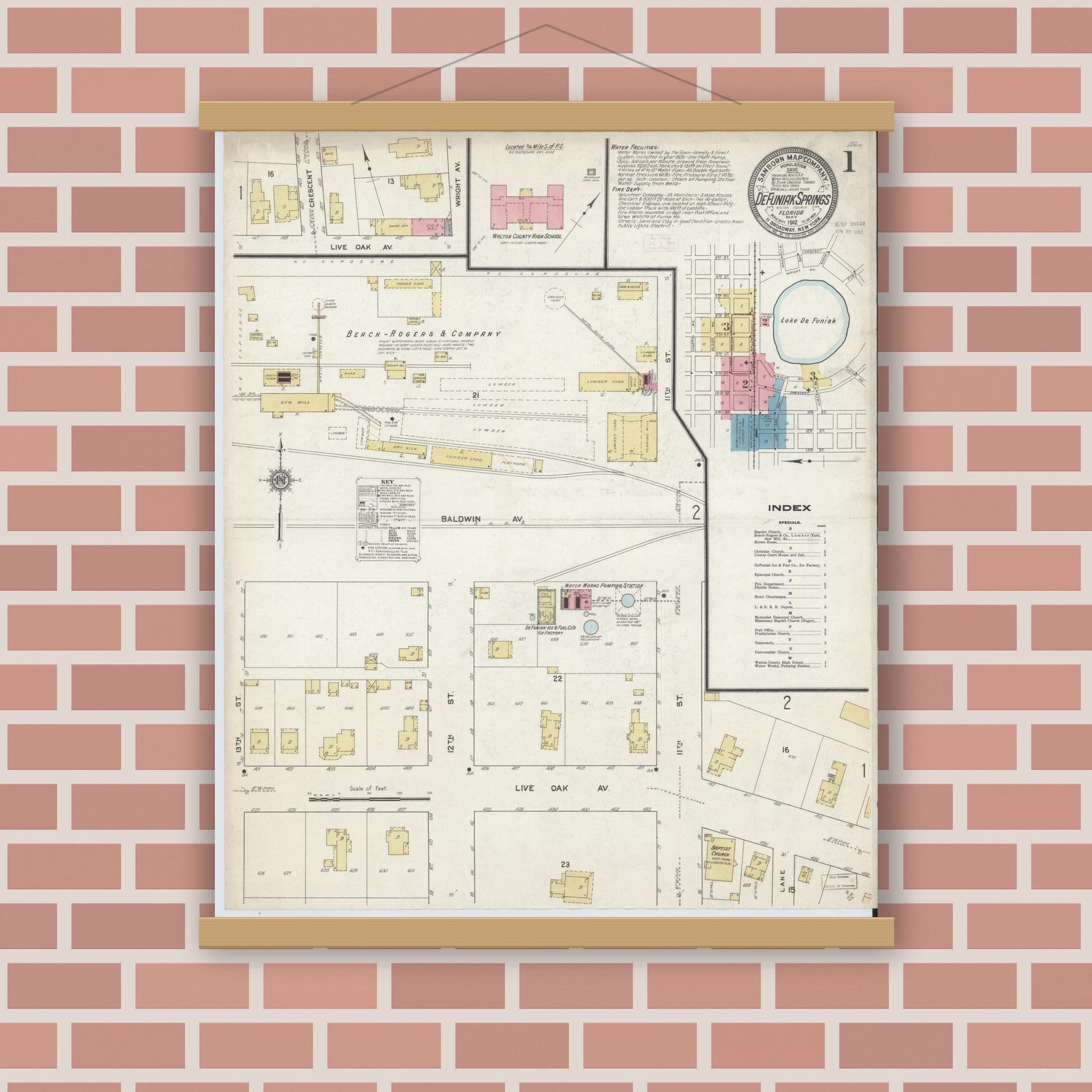 Old map wall art mockup — magnetic wood frame on brick wall — Sanborn Fire Insurance Map from De Funiak Springs, Walton County, Florida (1912), Sheet #0001