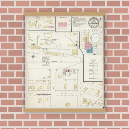 Old map wall art mockup — magnetic wood frame on brick wall — Sanborn Fire Insurance Map from De Funiak Springs, Walton County, Florida (1912), Sheet #0001