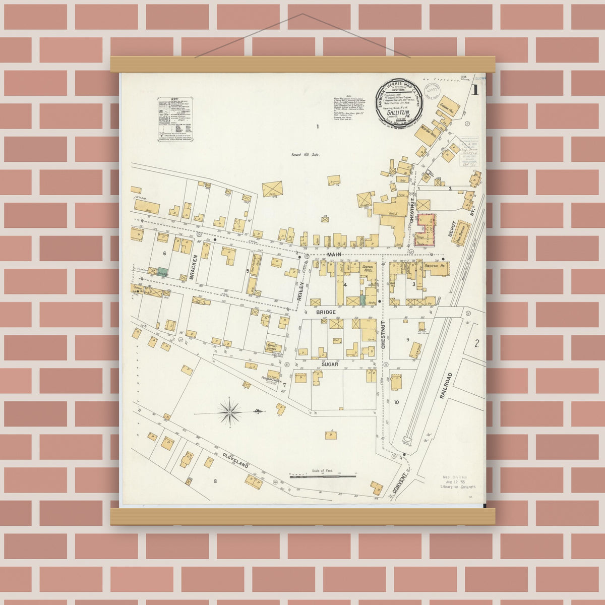 Old map wall art mockup — magnetic wood frame on brick wall — Sanborn Fire Insurance Map from Gallitzin, Cambria County, Pennsylvania (1900) - Complete Map Set