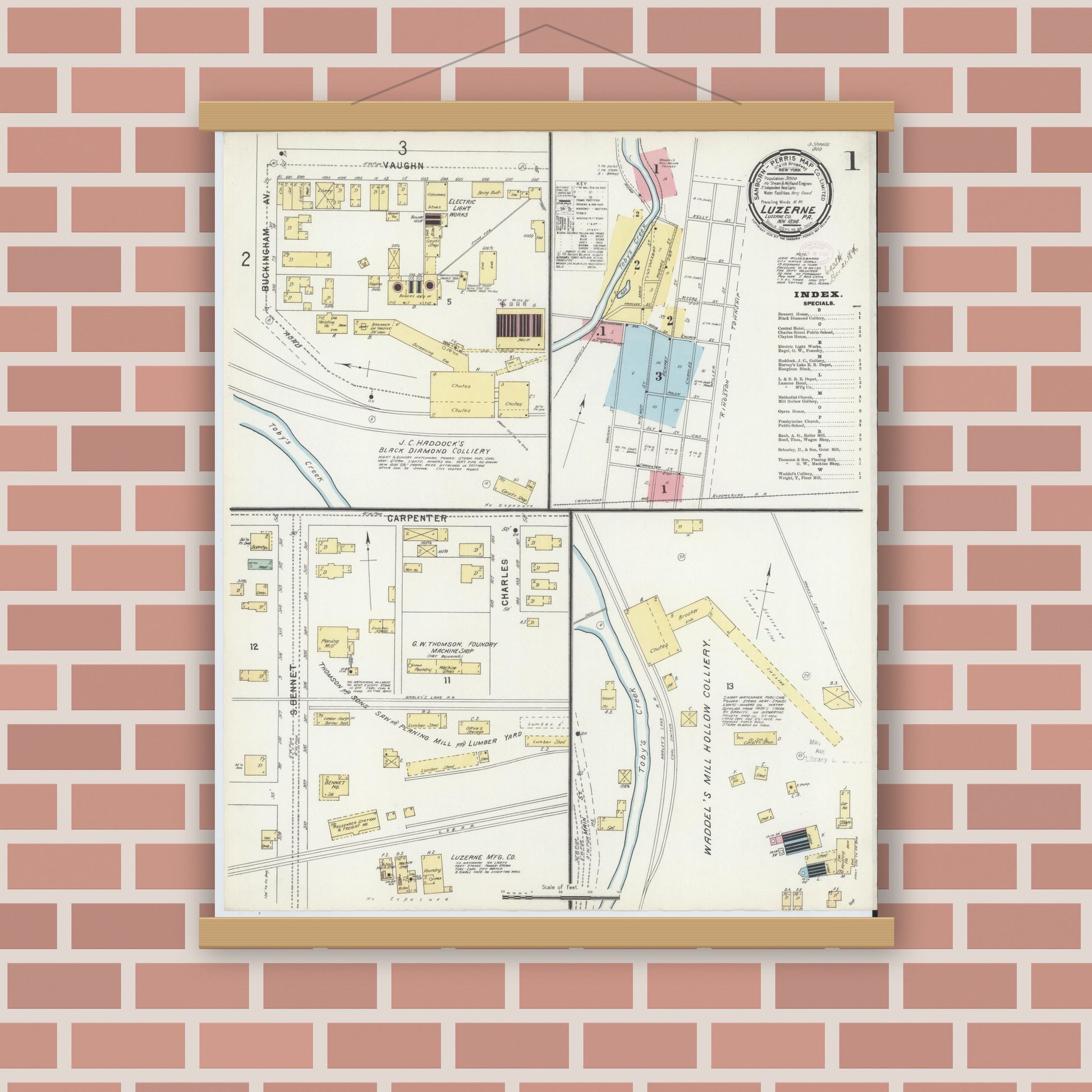Old map wall art mockup — magnetic wood frame on brick wall — Sanborn Fire Insurance Map from Luzerne, Luzerne County, Pennsylvania (1896), Sheet #0001