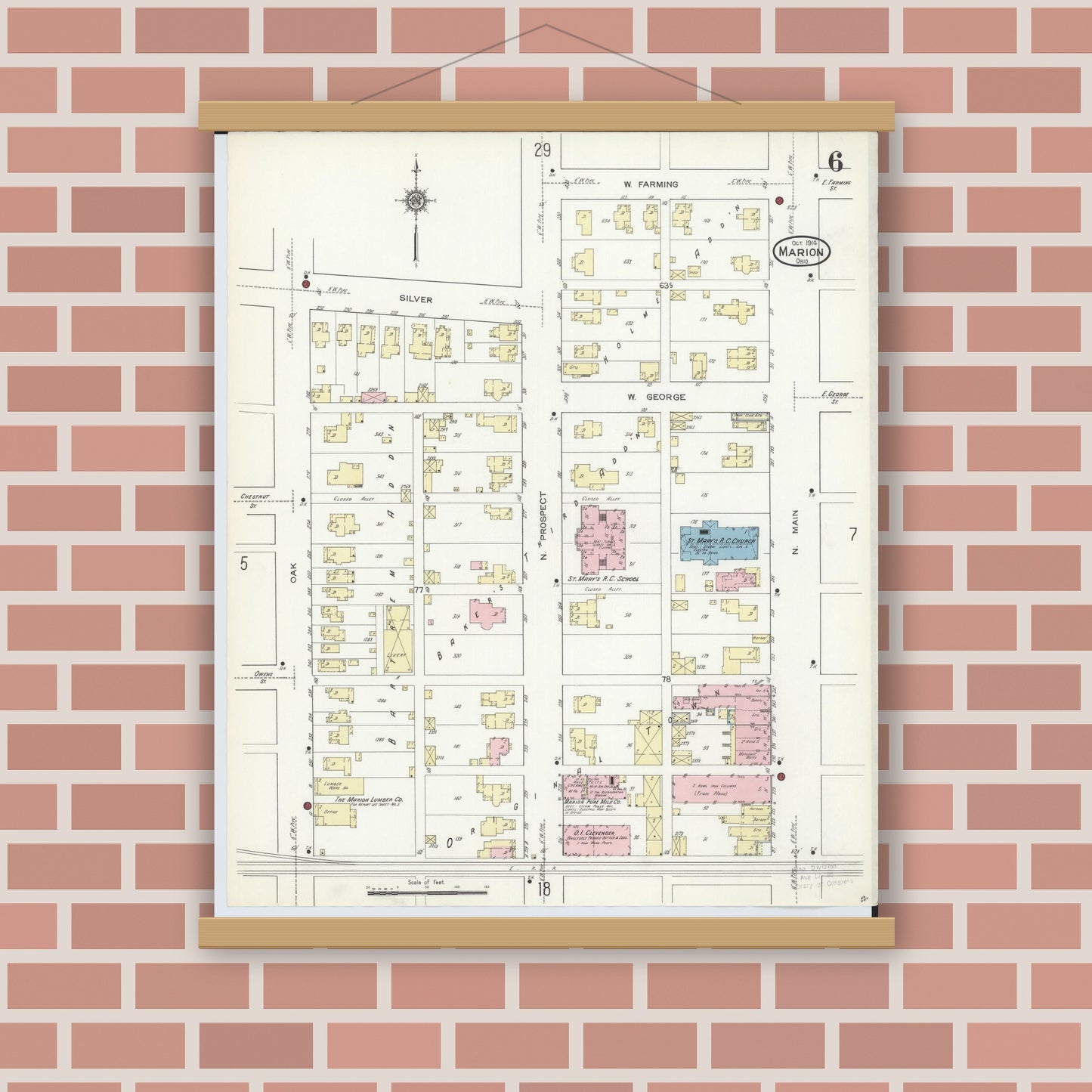 Old map wall art mockup — magnetic wood frame on brick wall — Sanborn Fire Insurance Map from Marion, Marion County, Ohio (1914), Sheet #0006