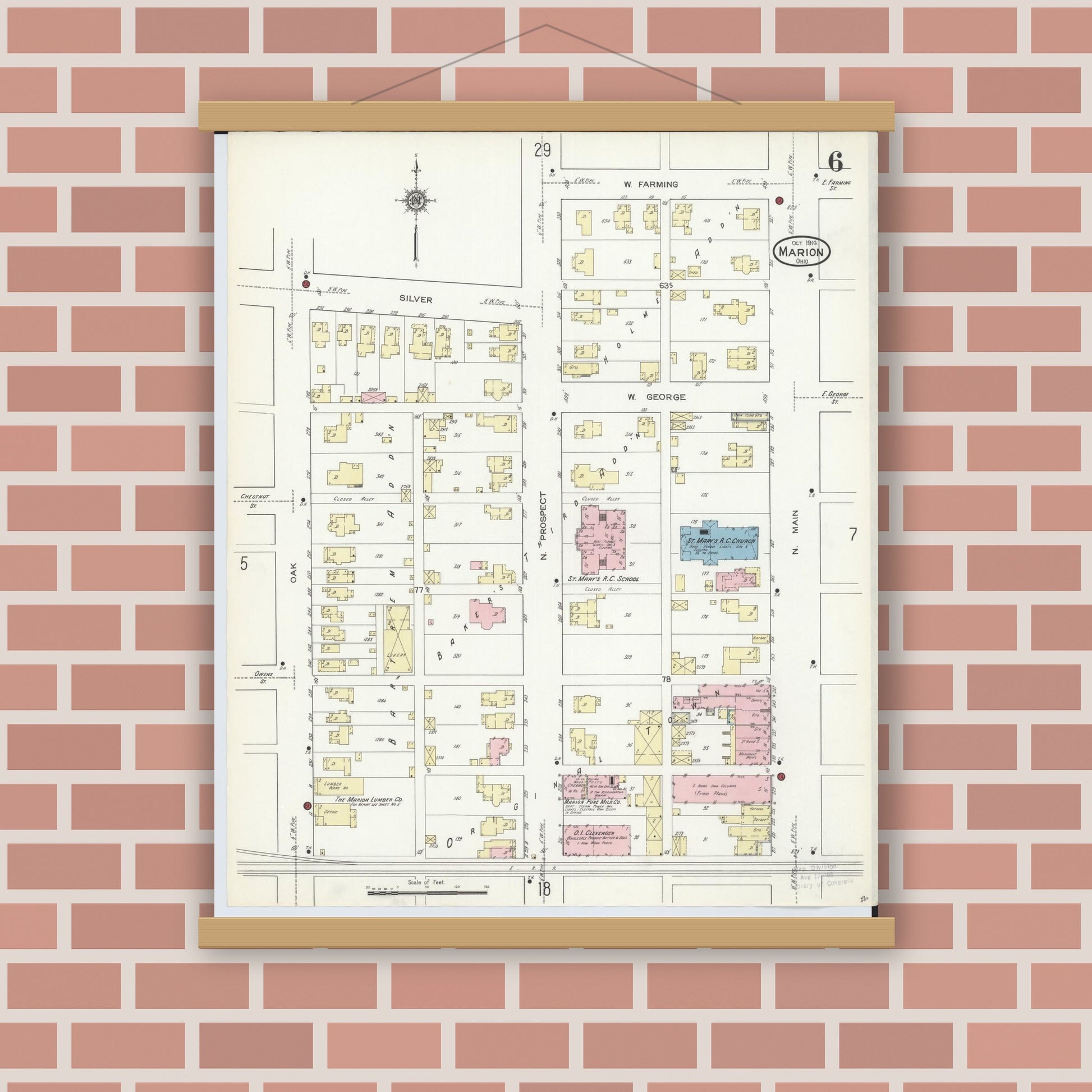 Old map wall art mockup — magnetic wood frame on brick wall — Sanborn Fire Insurance Map from Marion, Marion County, Ohio (1914), Sheet #0006