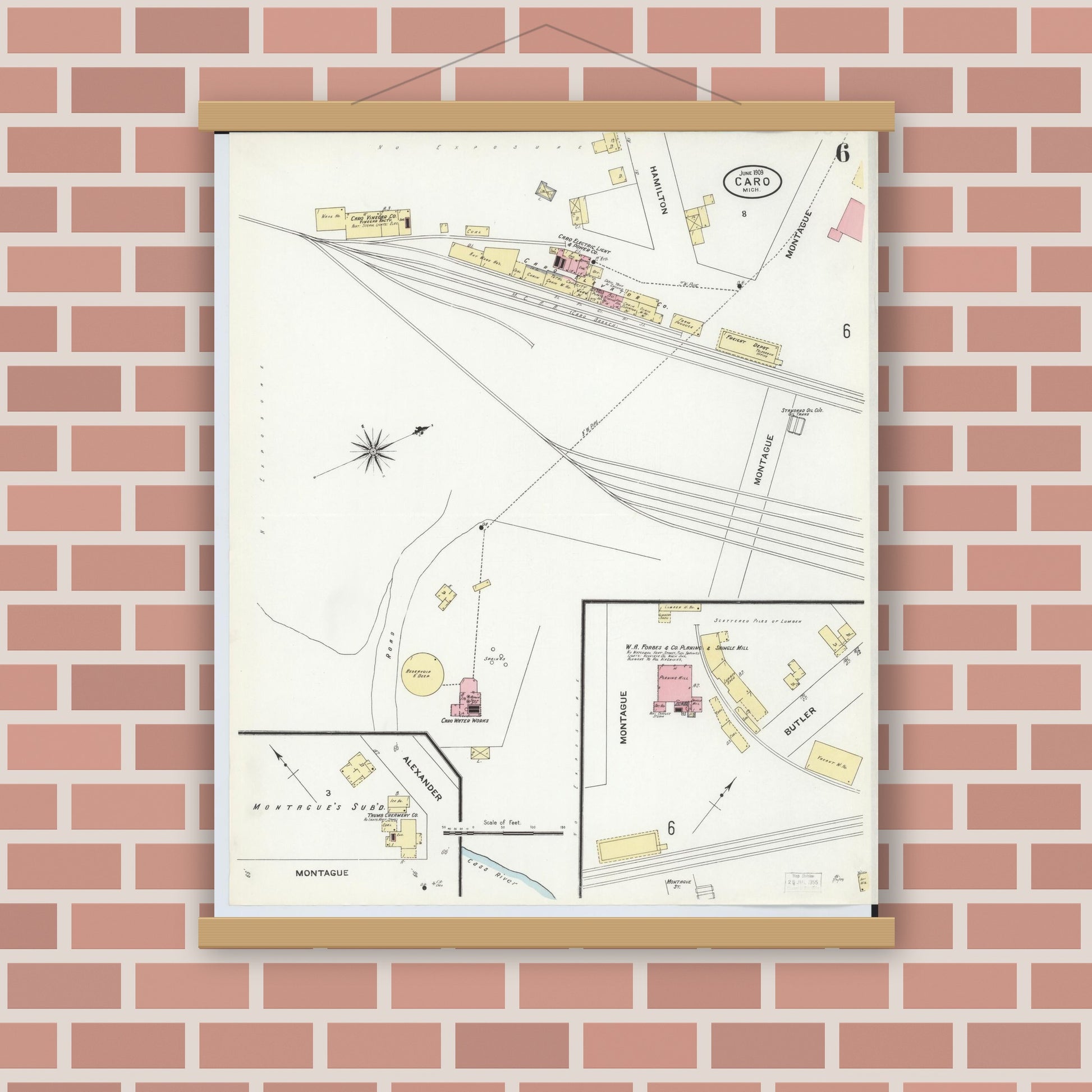 Old map wall art mockup — magnetic wood frame on brick wall — Sanborn Fire Insurance Map from Caro, Tuscola County, Michigan (1909), Sheet #0006