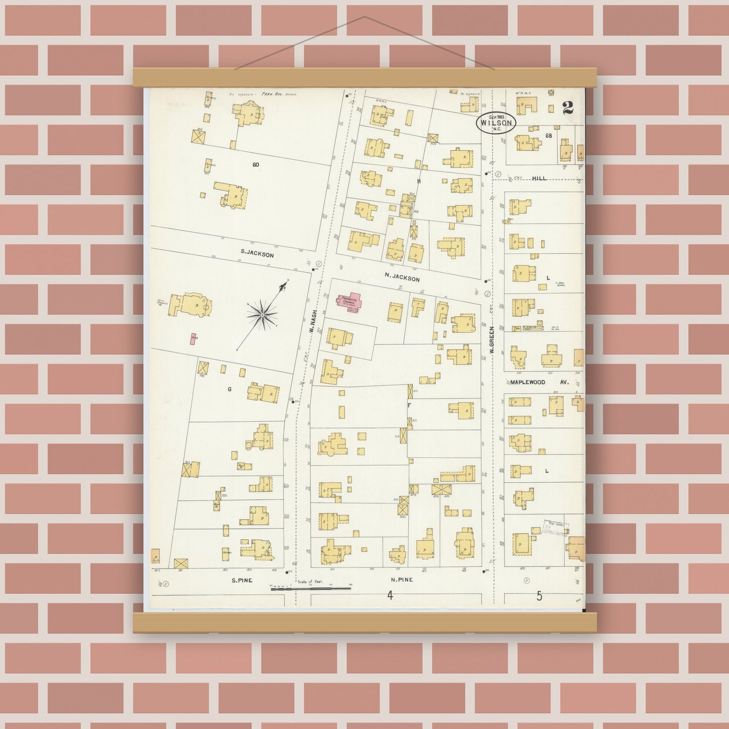 Old map wall art mockup — magnetic wood frame on brick wall — Sanborn Fire Insurance Map from Wilson, Wilson County, North Carolina (1903), Sheet #0002