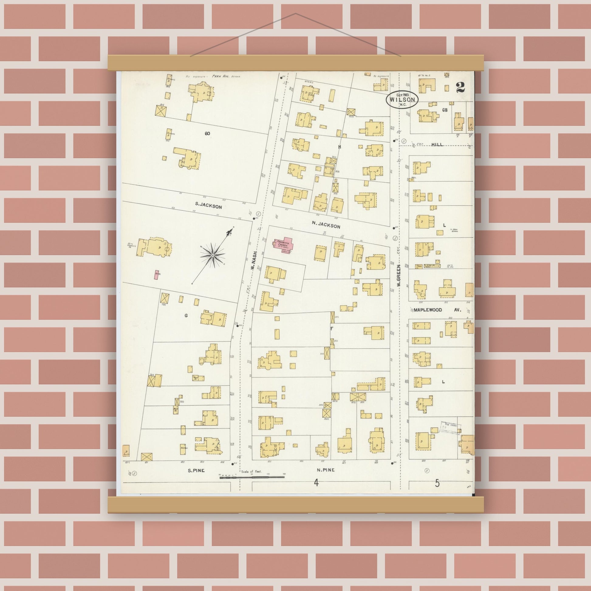 Old map wall art mockup — magnetic wood frame on brick wall — Sanborn Fire Insurance Map from Wilson, Wilson County, North Carolina (1903), Sheet #0002