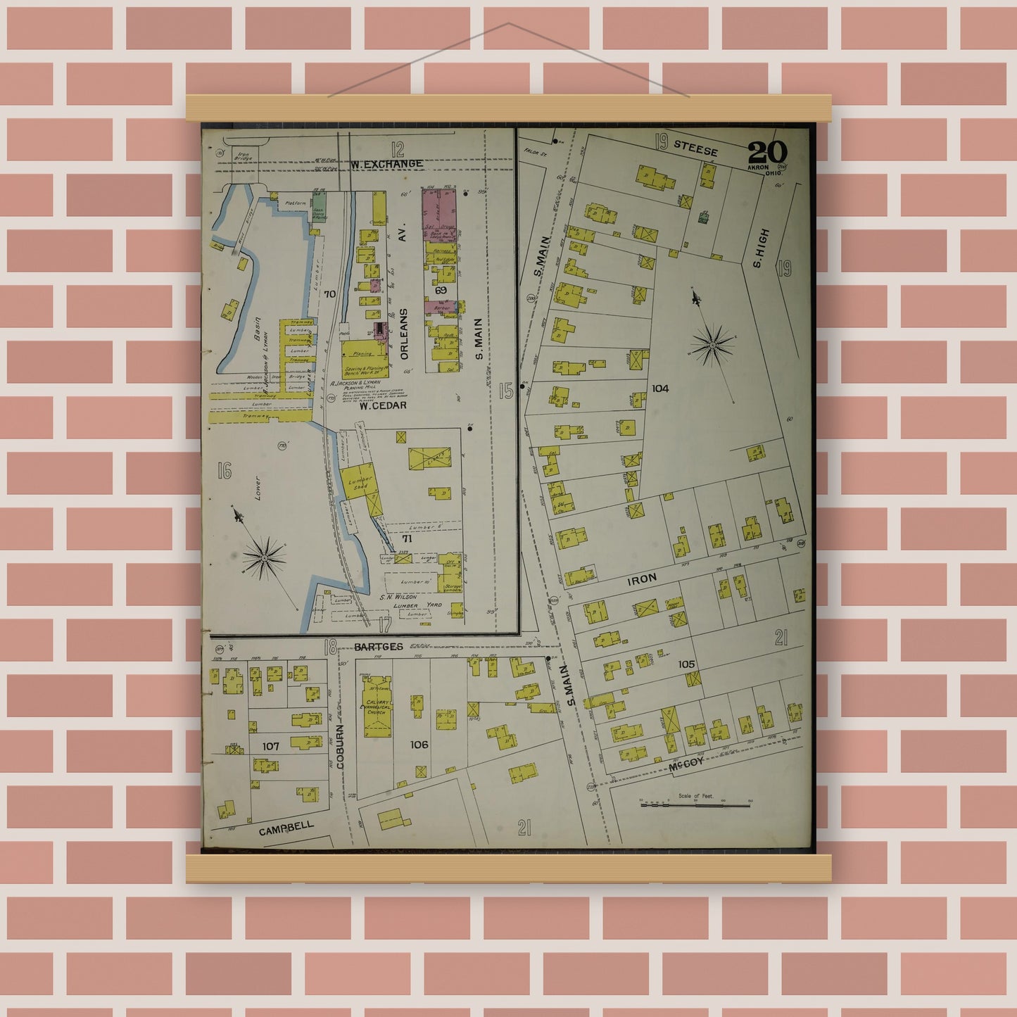 Old map wall art mockup — magnetic wood frame on brick wall — Sanborn Fire Insurance Map from Akron, Summit County, Ohio (1892), Sheet #0020