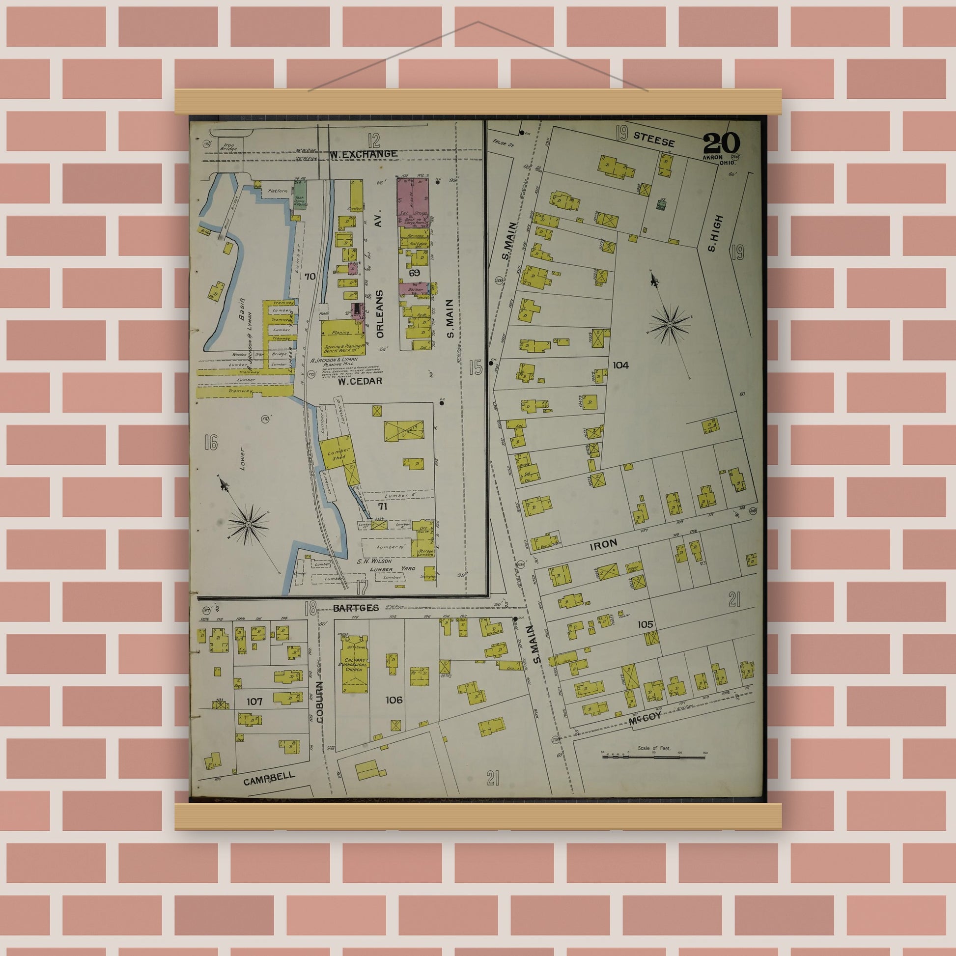 Old map wall art mockup — magnetic wood frame on brick wall — Sanborn Fire Insurance Map from Akron, Summit County, Ohio (1892), Sheet #0020